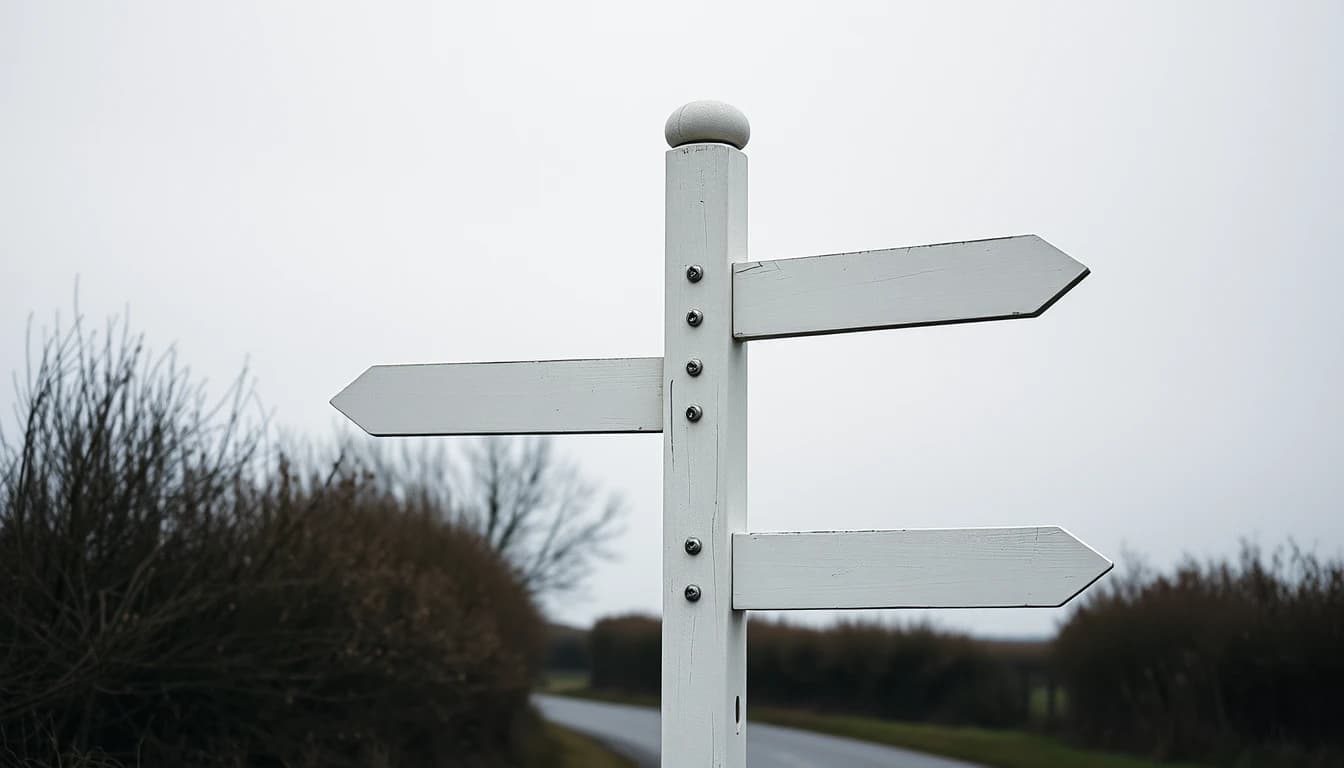 A blank white wooden fingerpost with three unmarked arms at a rural English crossroads, illustrating the three routes open to an accidental American in Britain.