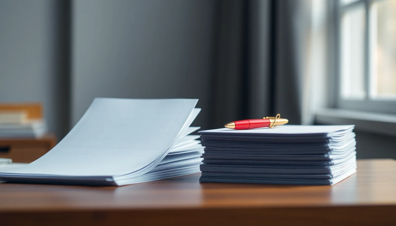 Two stacks of paper tax returns side by side on a desk, the second with a red pen resting on top
