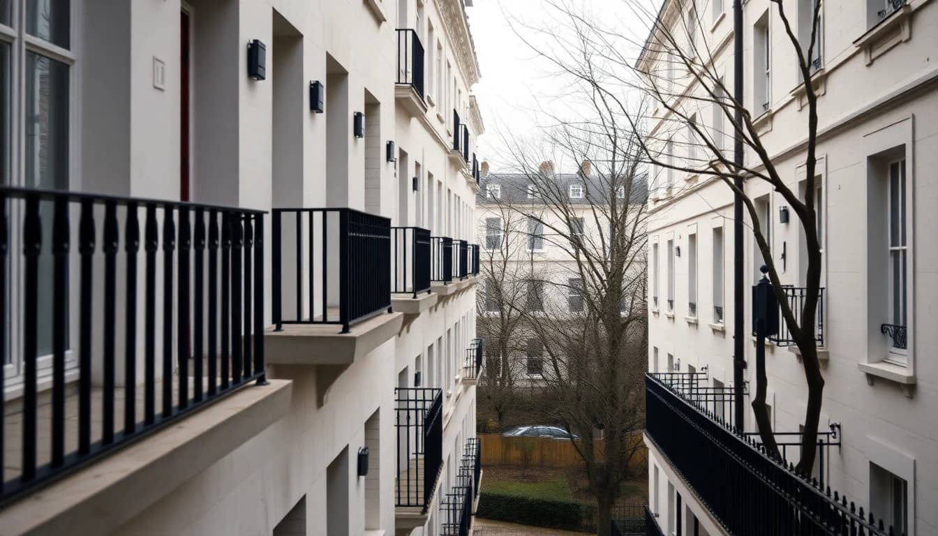 White stucco terrace balconies with black iron railings around a quiet London garden square
