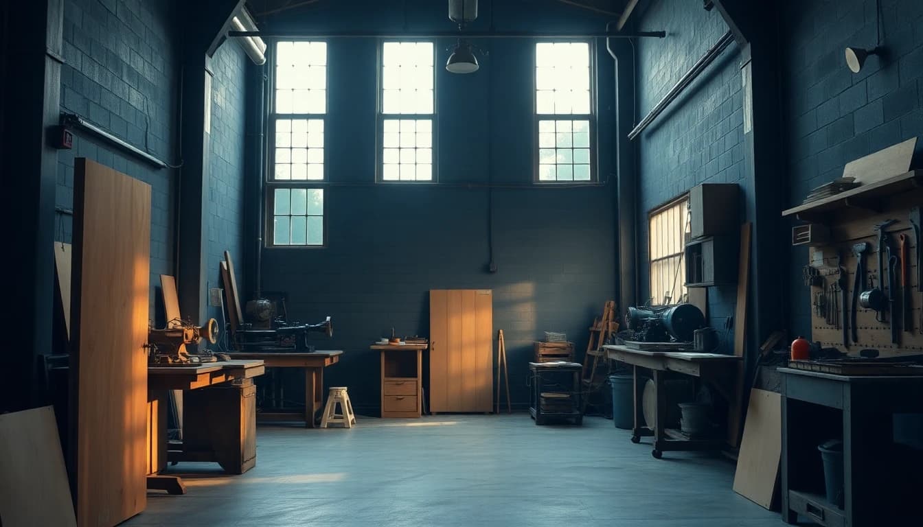 Interior of a small family engineering workshop at the end of the working day