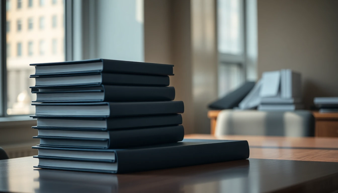Tall stack of identical dark folders on a polished desk in a quiet office
