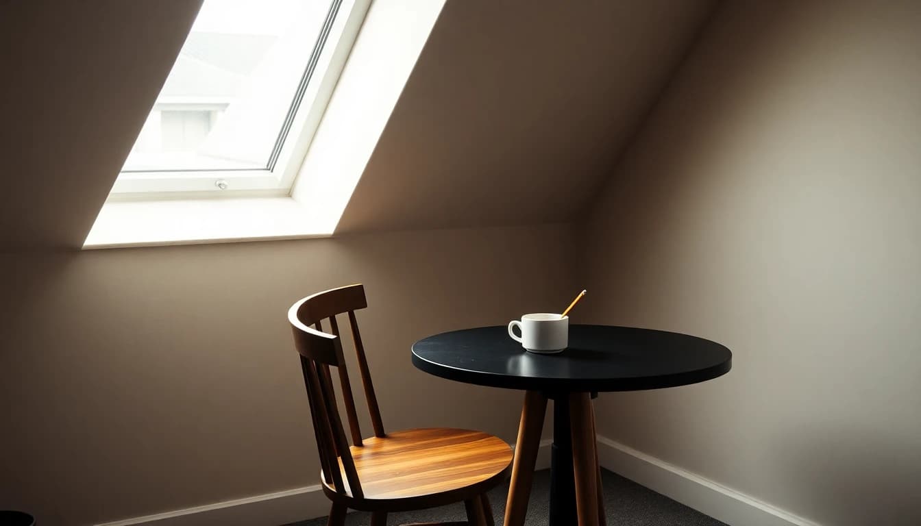 An empty wooden chair and a small round table under a sloping loft skylight