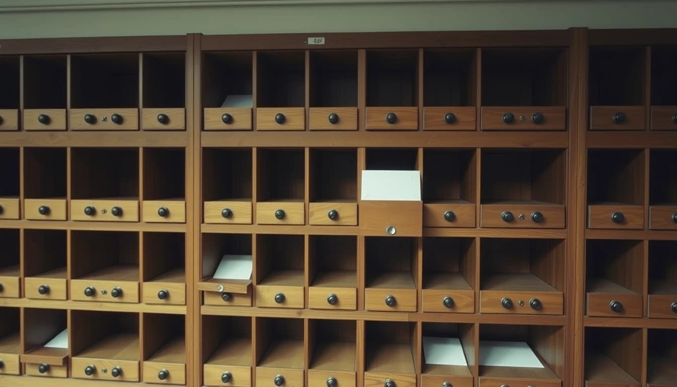 A wall of empty wooden pigeonhole mail slots with one plain envelope waiting, illustrating the long wait for a certificate of loss of nationality after renouncing.