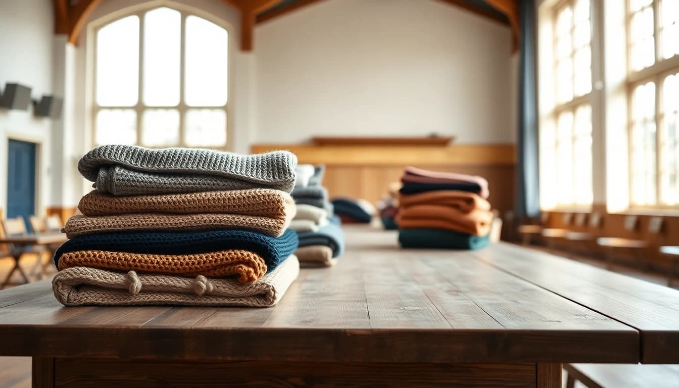 Stacks of folded wool blankets on a table in a community hall, for a guide to charitable giving in the US and UK