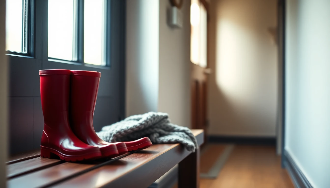 Children’s red wellington boots and a knitted scarf on a hallway bench, for a guide to the US child tax credit for families in Britain