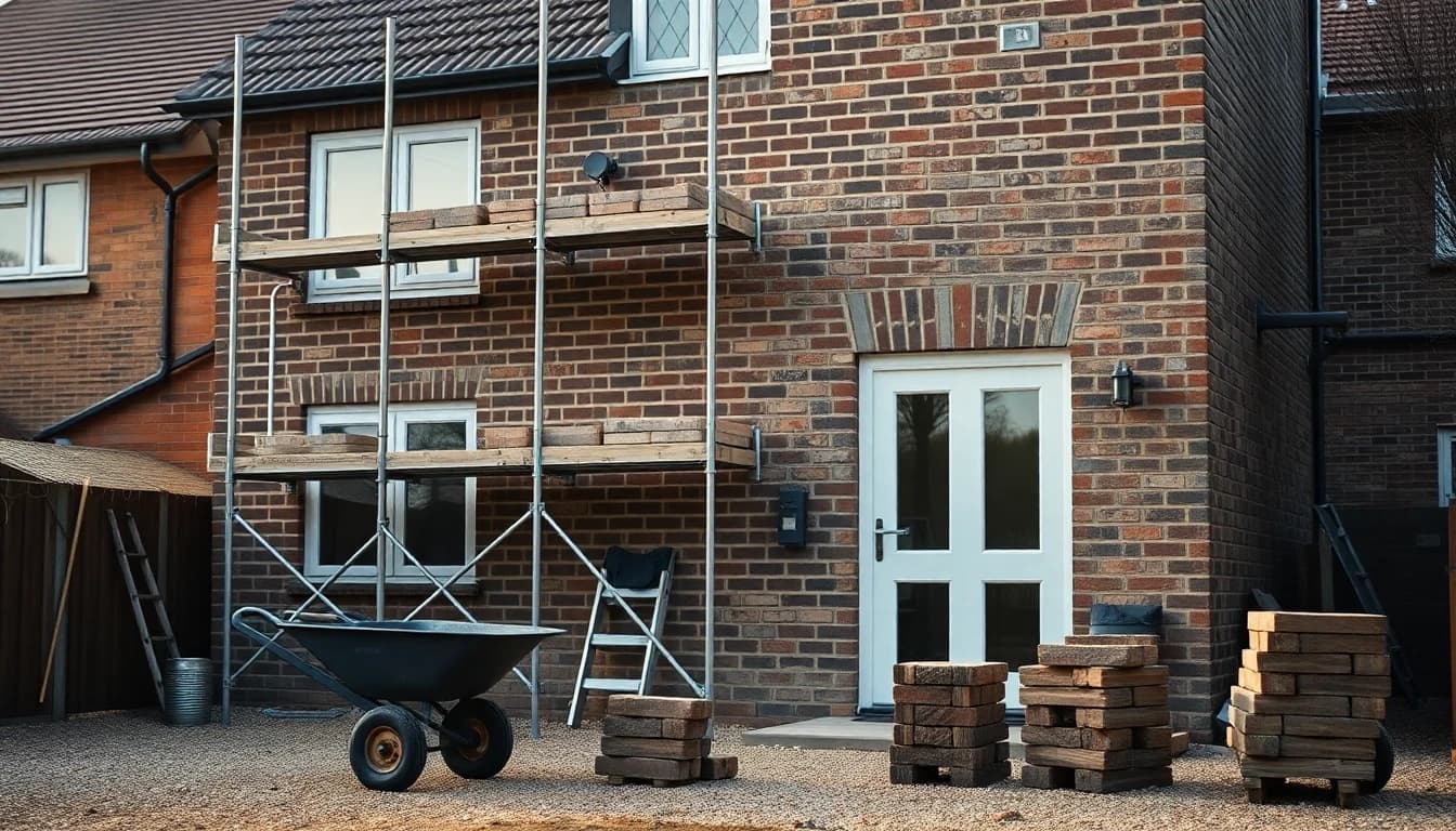 Scaffolding and fresh brickwork on a half-built British house, with a wheelbarrow and stacked bricks