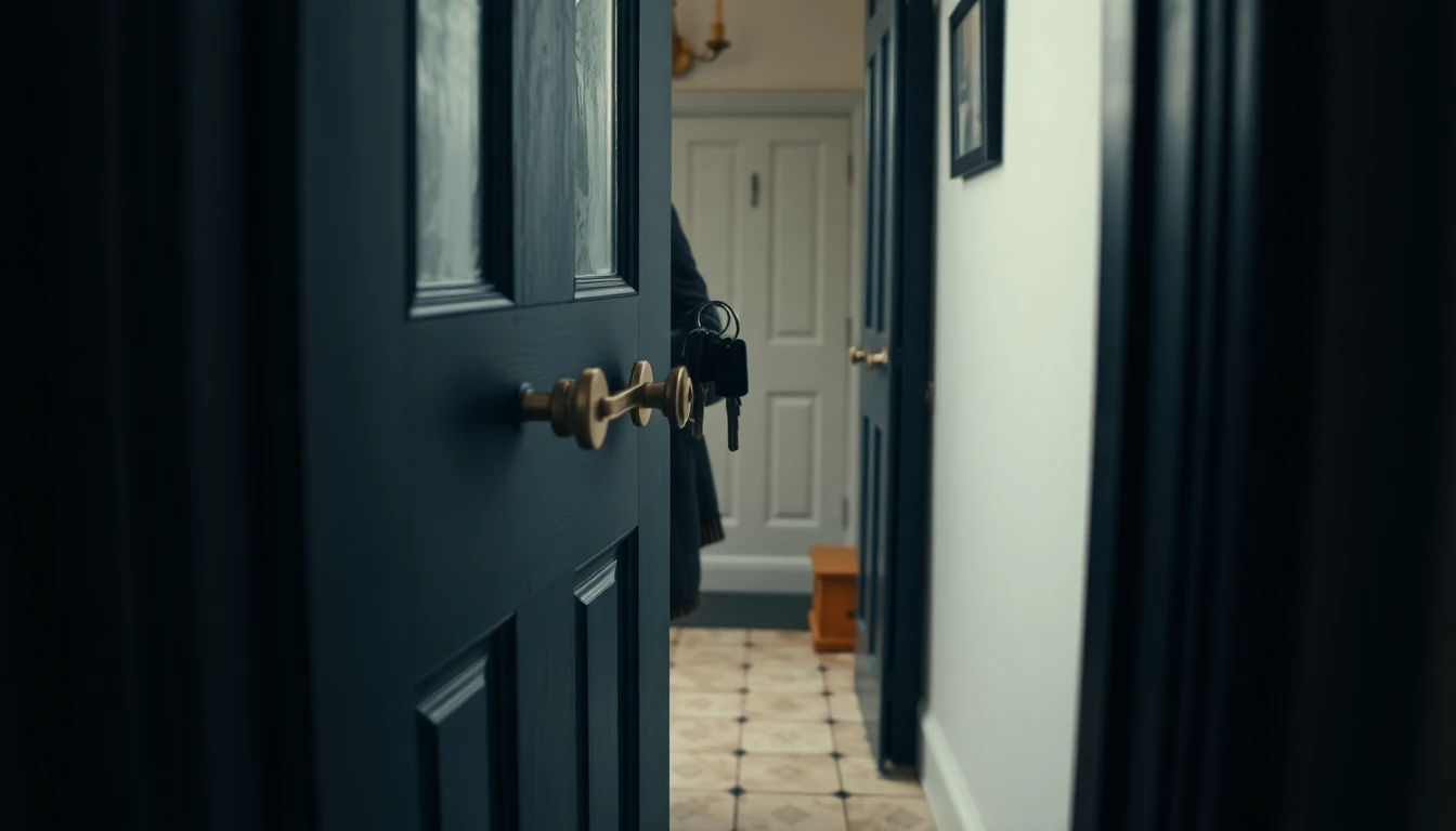 Keys hanging in the lock of a British front door seen from the hallway