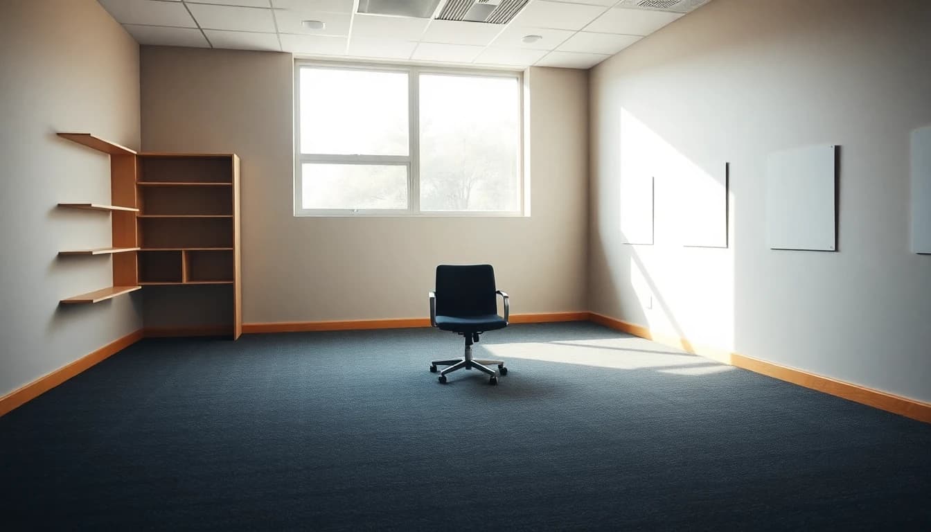 Emptied office with a single chair left on bare carpet and pale marks where shelves hung