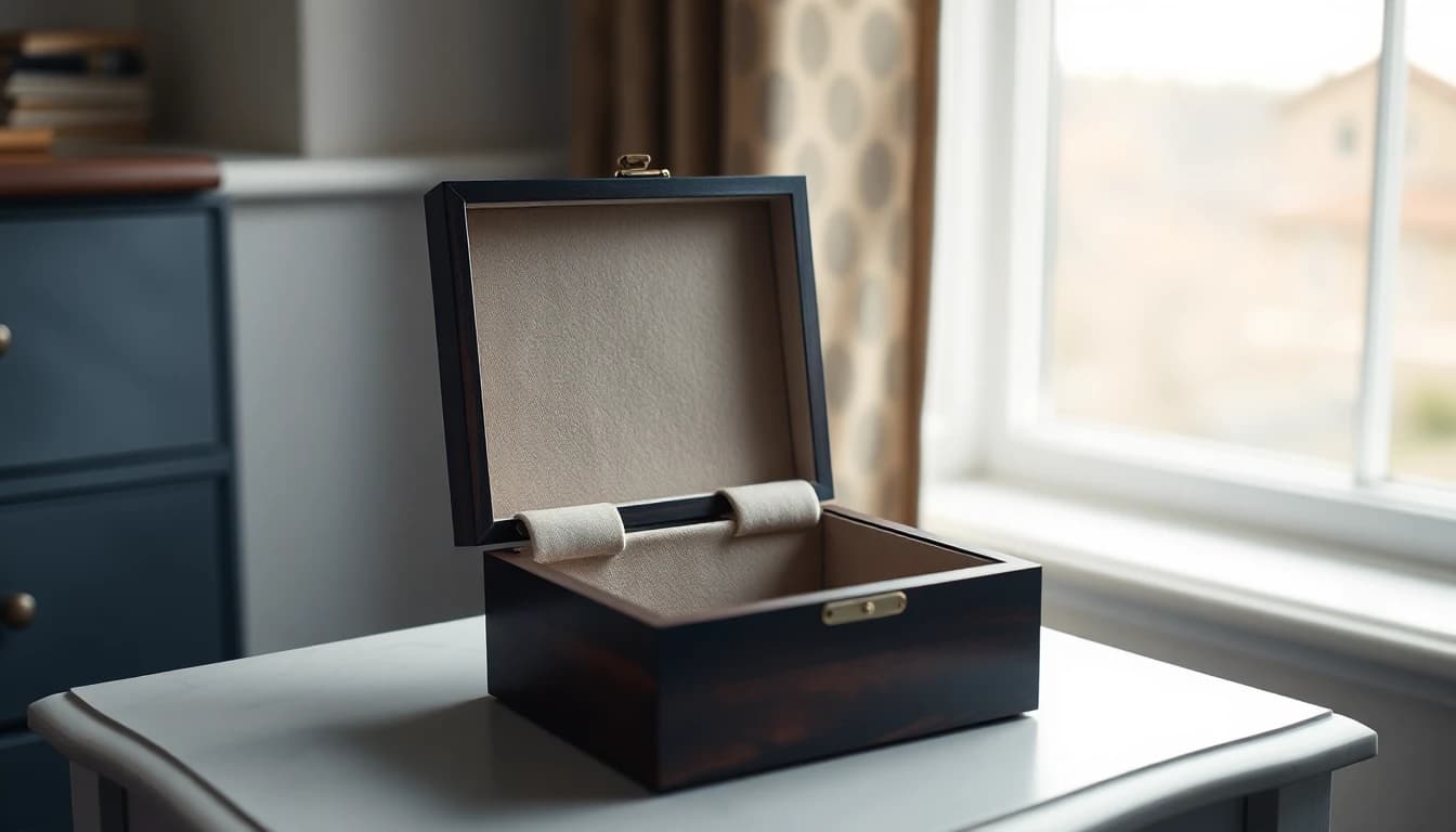 An empty open wooden keepsake box on a bedroom table by a window, illustrating the gift a covered expatriate passes on and the US tax charge that follows it.