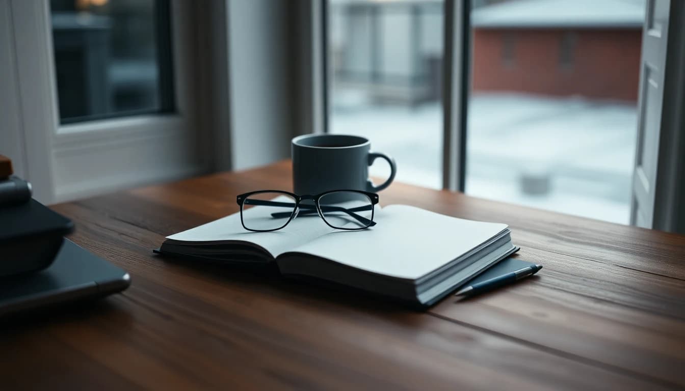 Reading glasses and a mug resting on an open blank notebook at a dark wooden desk beside a window