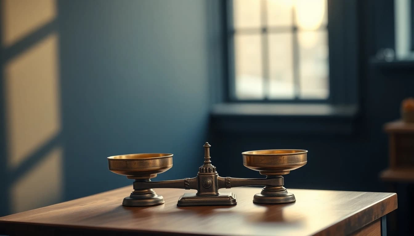 Pair of old brass balance scales with two empty pans on a wooden desk