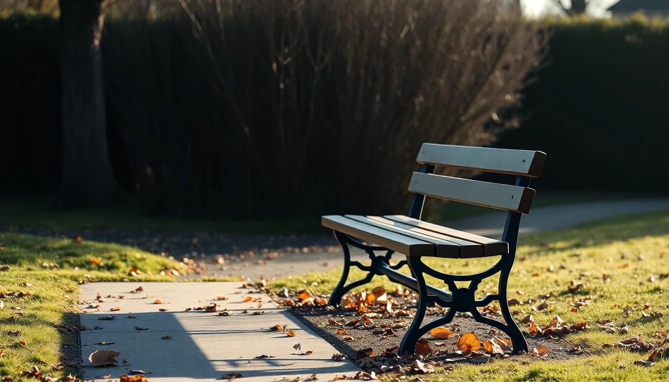 Empty wooden bench beside a quiet garden path in autumn light with fallen leaves