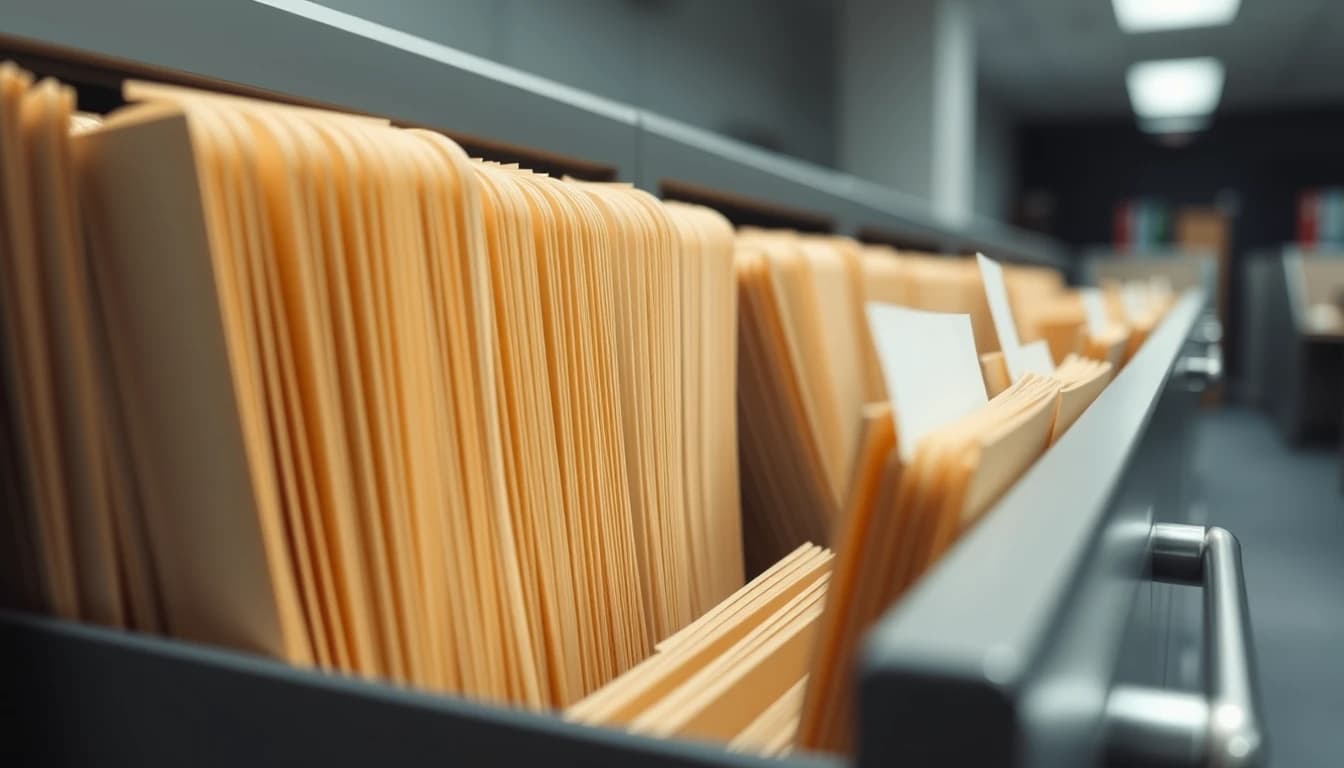 An open filing drawer packed with plain buff folders under office light, illustrating the delinquent international information returns a US filer never submitted.
