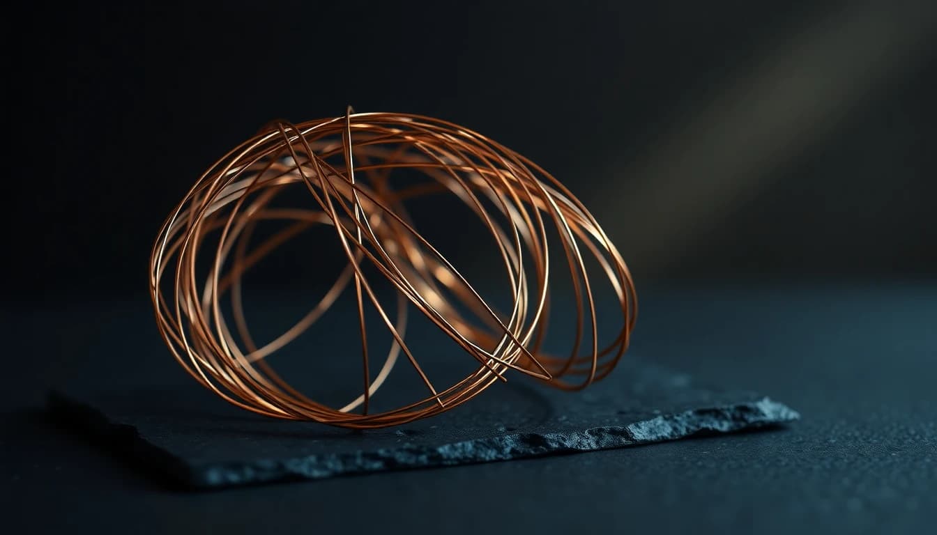 A dense tangle of fine copper wire resting on a dark slate surface