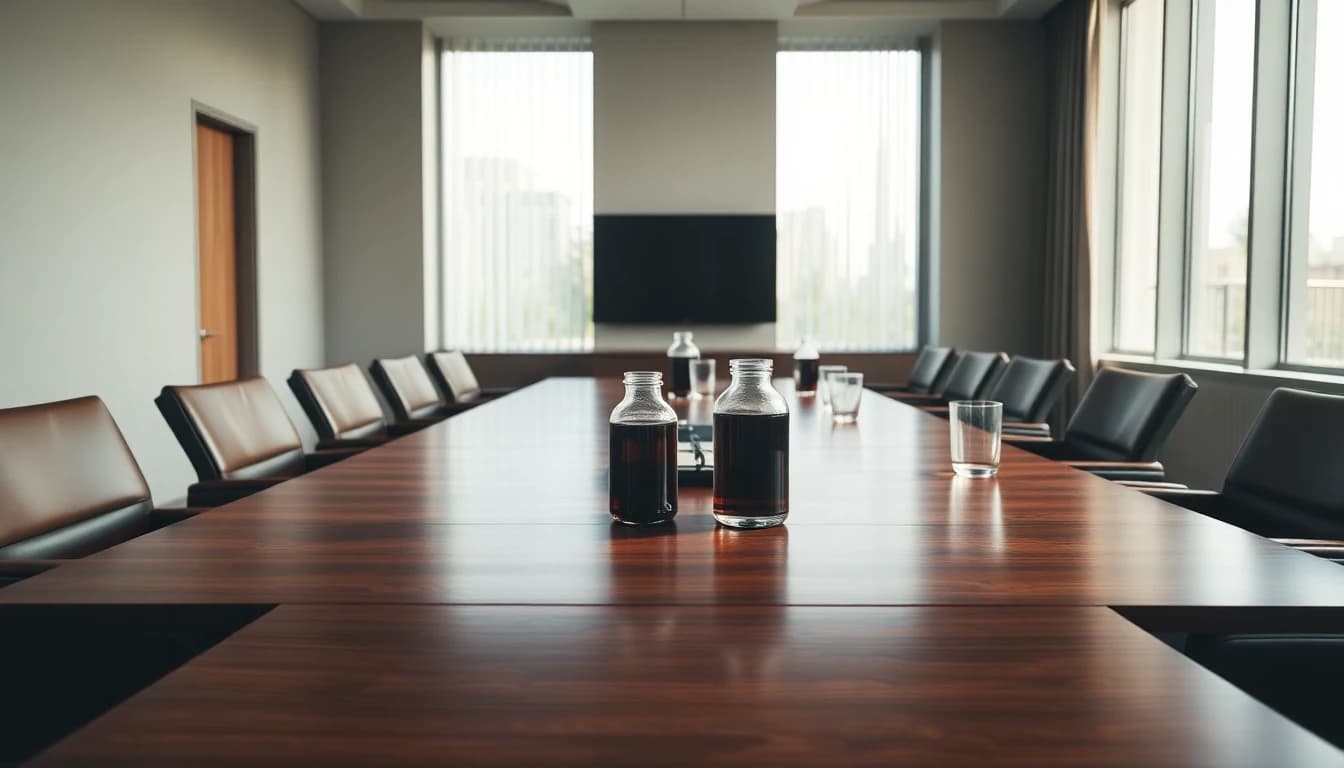 An empty boardroom with a long polished table and leather chairs