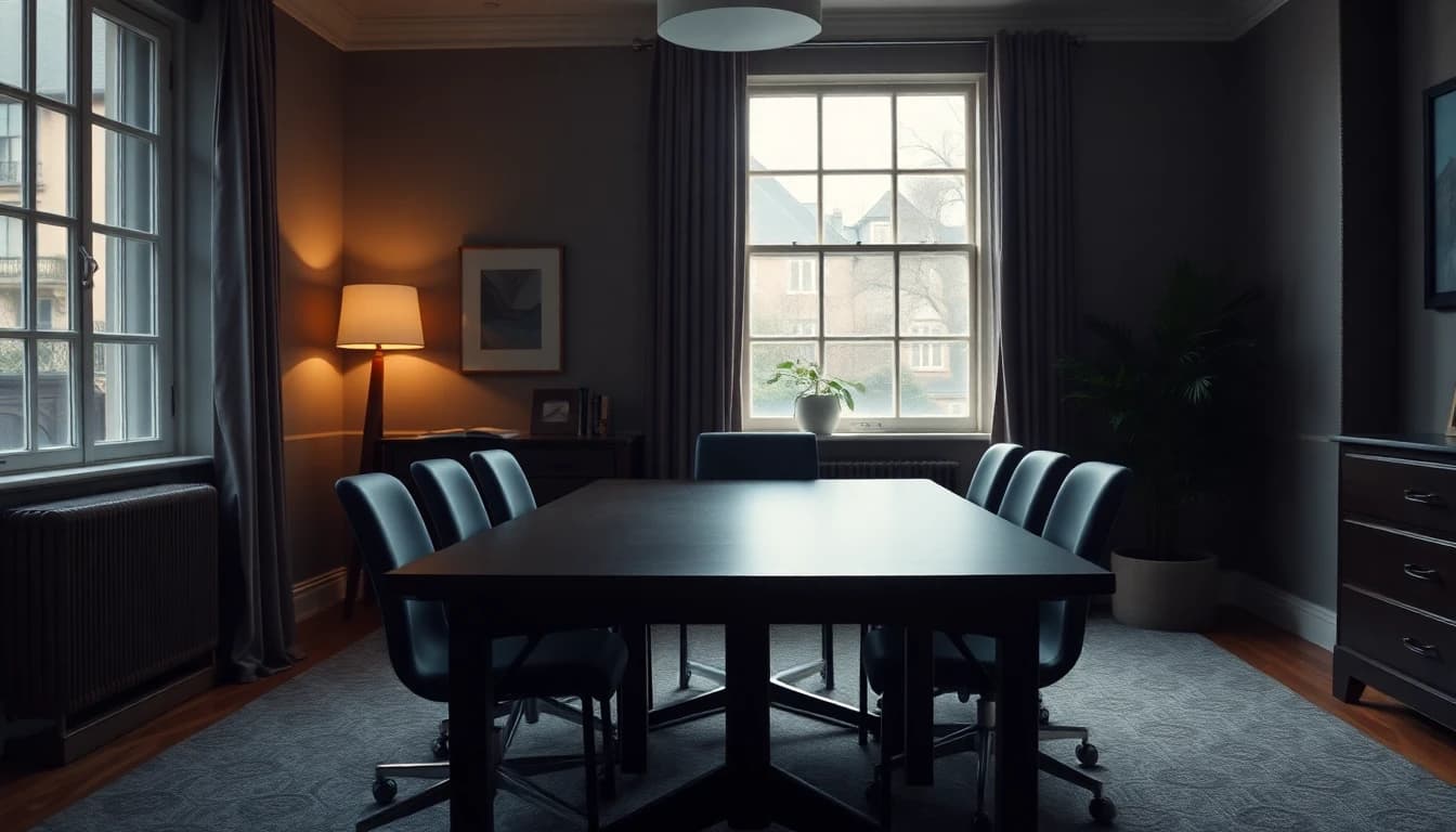 An empty boardroom table and chairs in a converted townhouse office at dusk