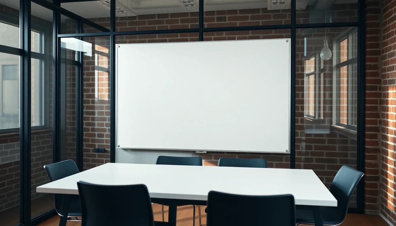 An empty glass-walled meeting room in a startup office with a wiped clean whiteboard