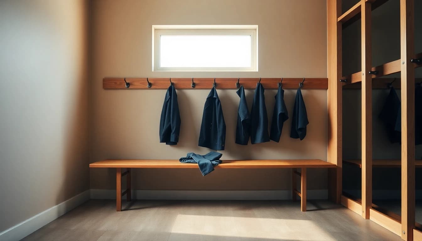 An empty wooden bench below a row of coat hooks in a quiet changing area