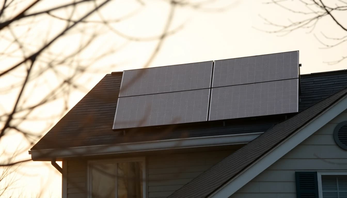 Solar panels on the roof of a suburban American house against a pale morning sky