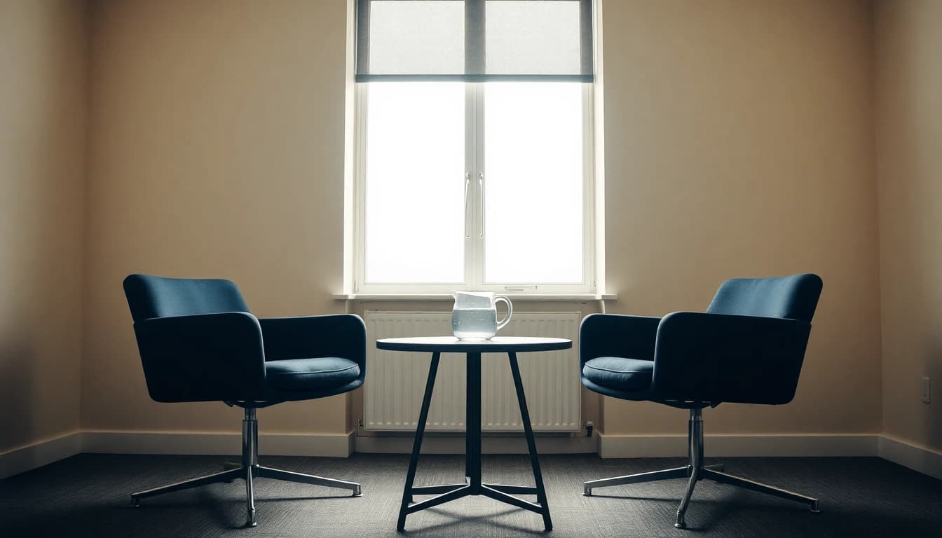 Two empty chairs facing each other across a small round table in a bright meeting room