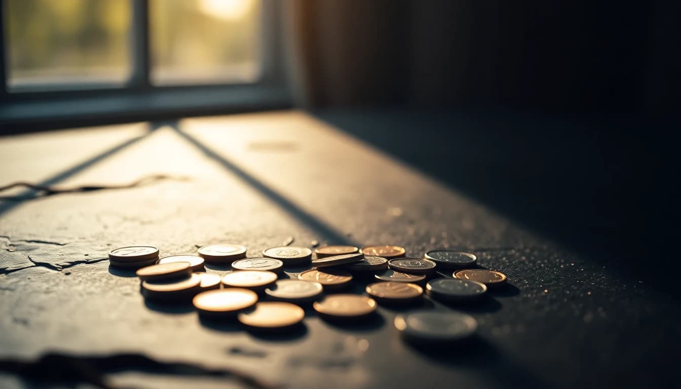 Scattered coins on a dark slate surface in low morning light