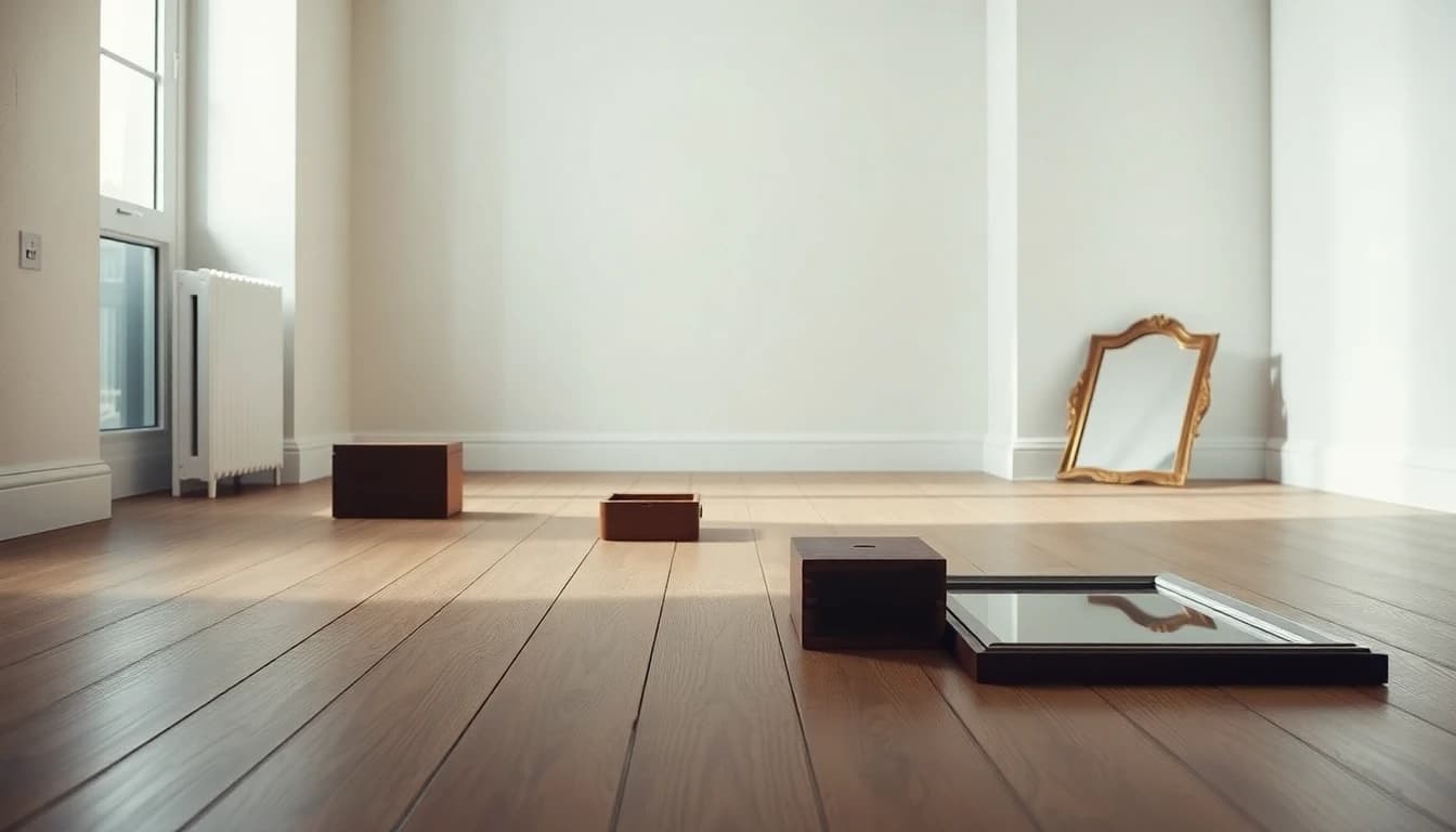 Household objects laid out in rows on bare floorboards in an emptied room