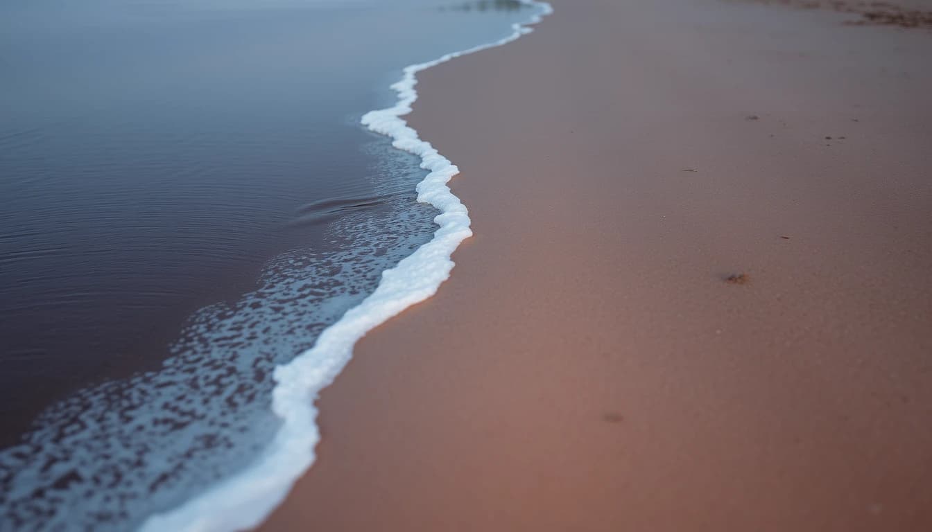 A sharp tide line of foam dividing wet and dry sand on an empty beach at dusk, illustrating the single expatriation date that separates two US tax treatments.