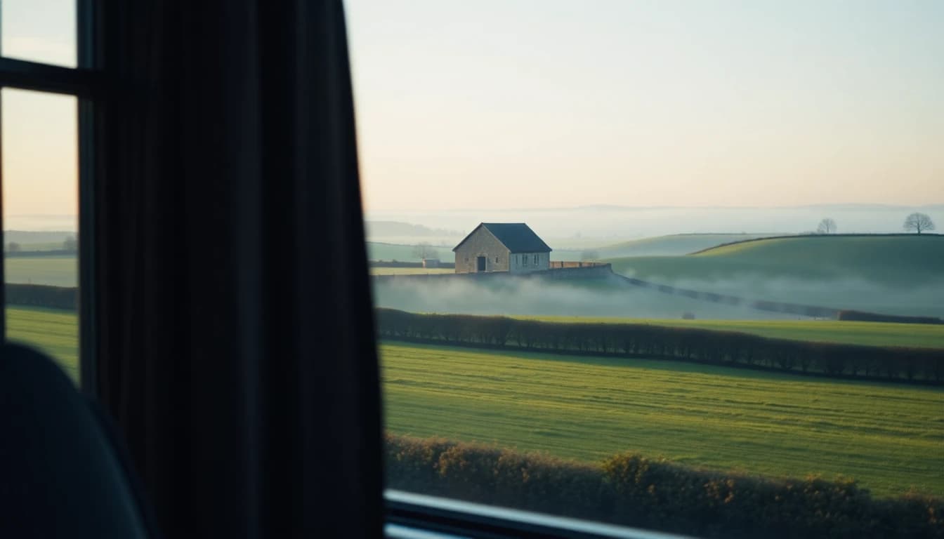 Misty English farmland with hedgerows and a stone barn seen at first light