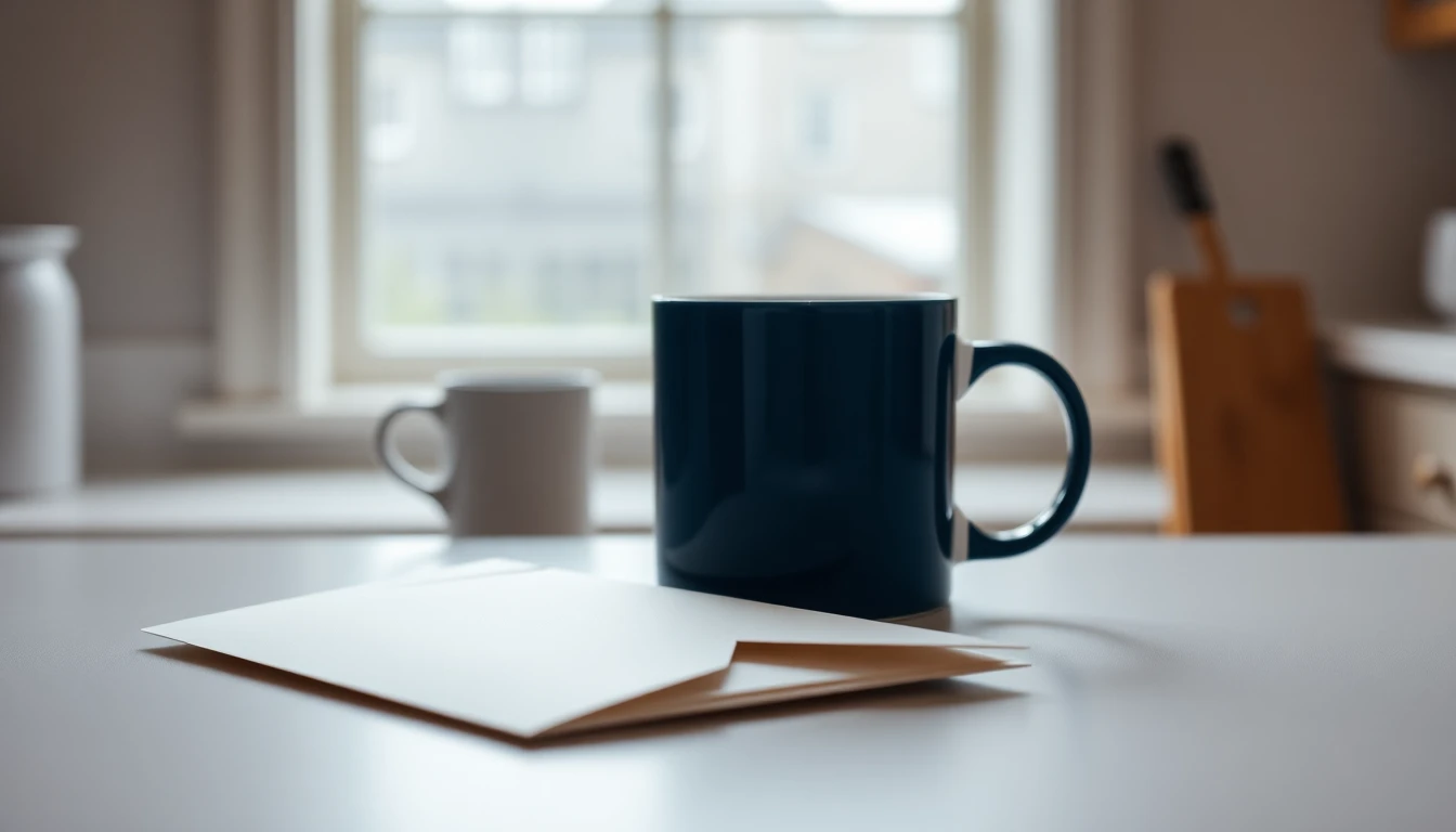 An unopened white envelope lying on a kitchen worktop beside a mug, in a quiet British kitchen