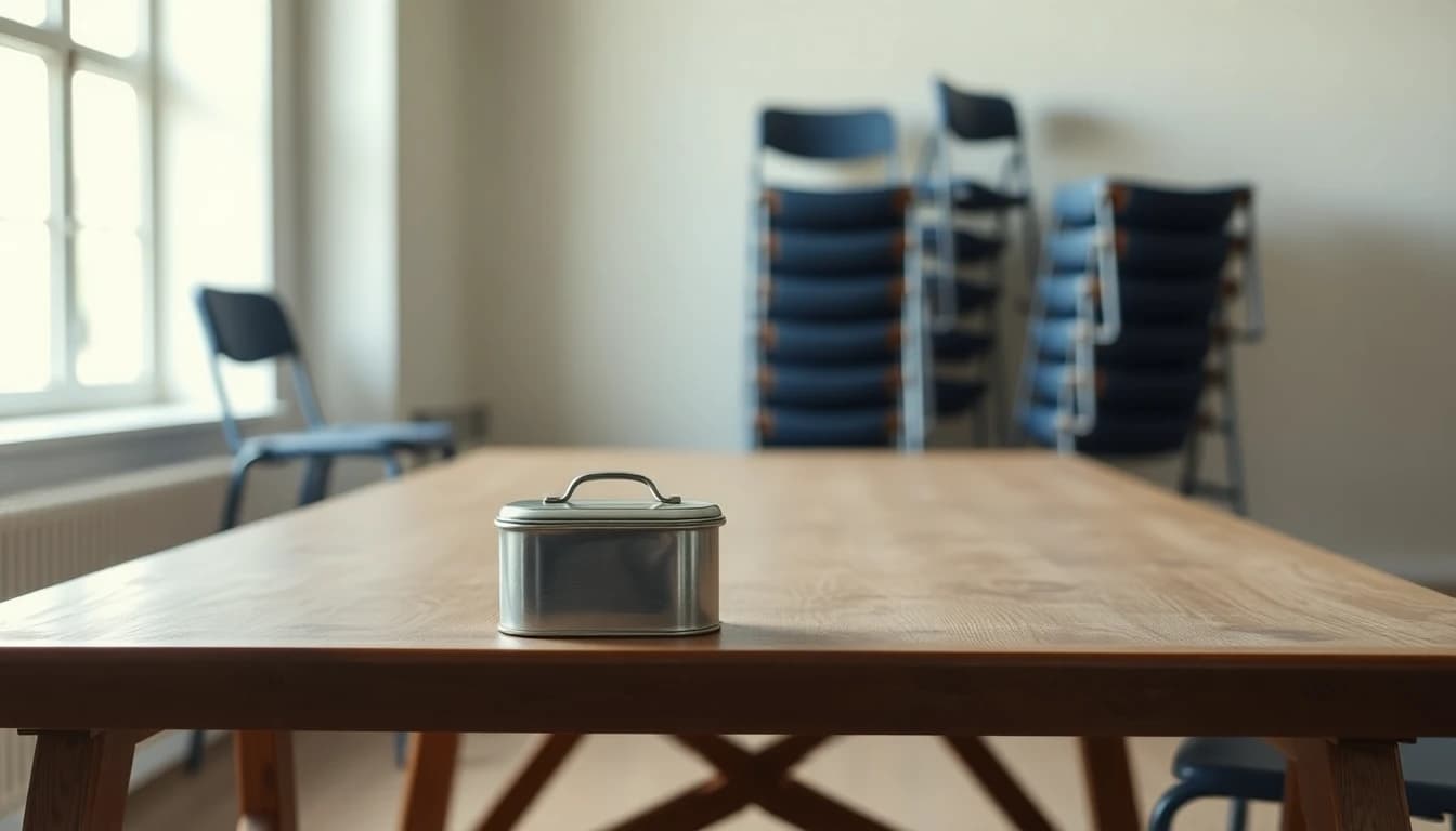 A closed metal cash tin on a bare village hall trestle table with folding chairs stacked behind