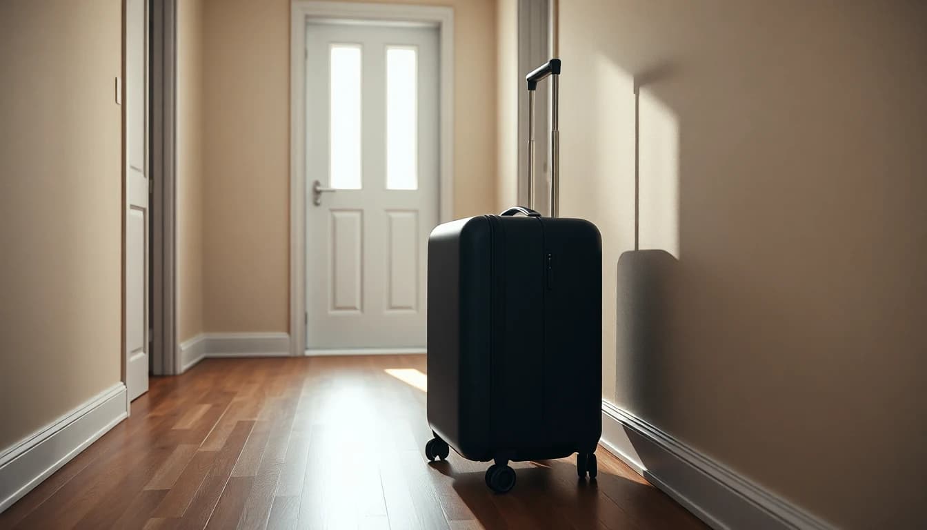 Two packed suitcases standing in the bare hallway of an empty British flat