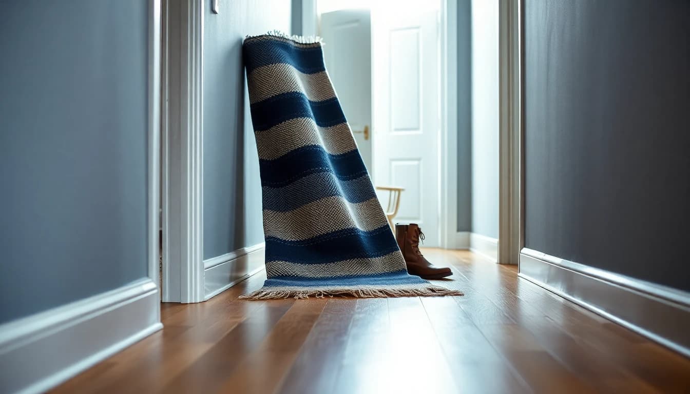 A rolled rug leaning against the wall of an empty hallway beside a pair of boots