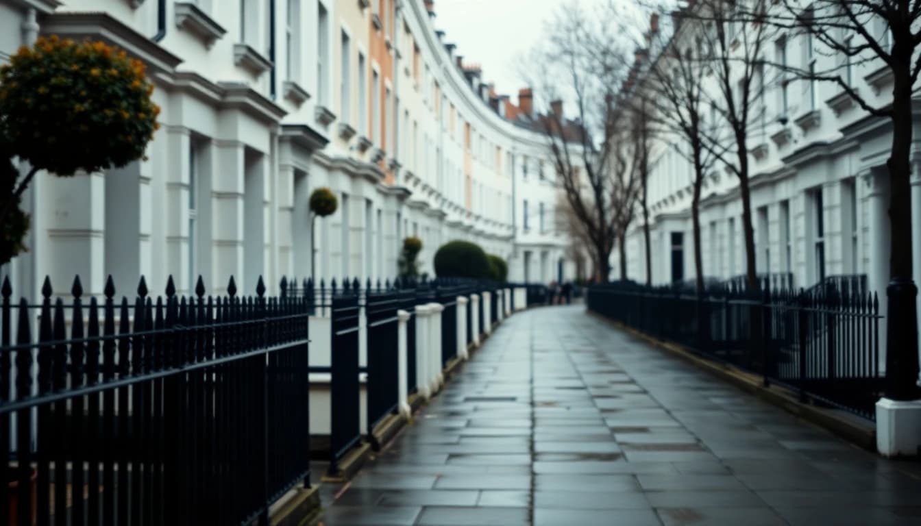 A row of white stucco London townhouses with black railings on a wet morning