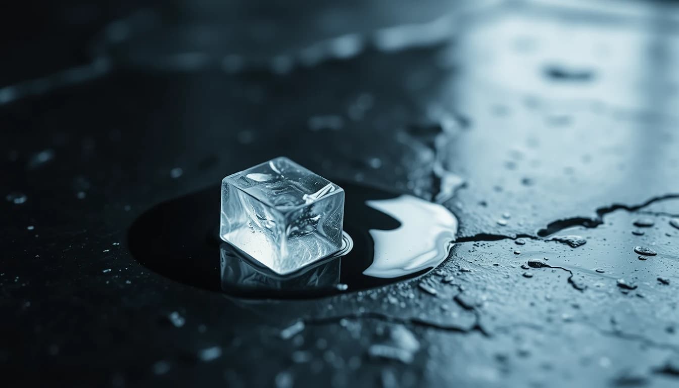 A single ice cube melting into a widening pool on dark slate, illustrating an unused foreign tax credit carryover expiring at the end of its ten year window.