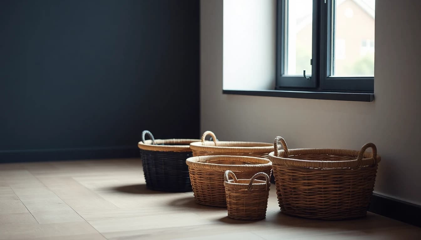 Three empty woven baskets of different sizes on a wooden floor near a window