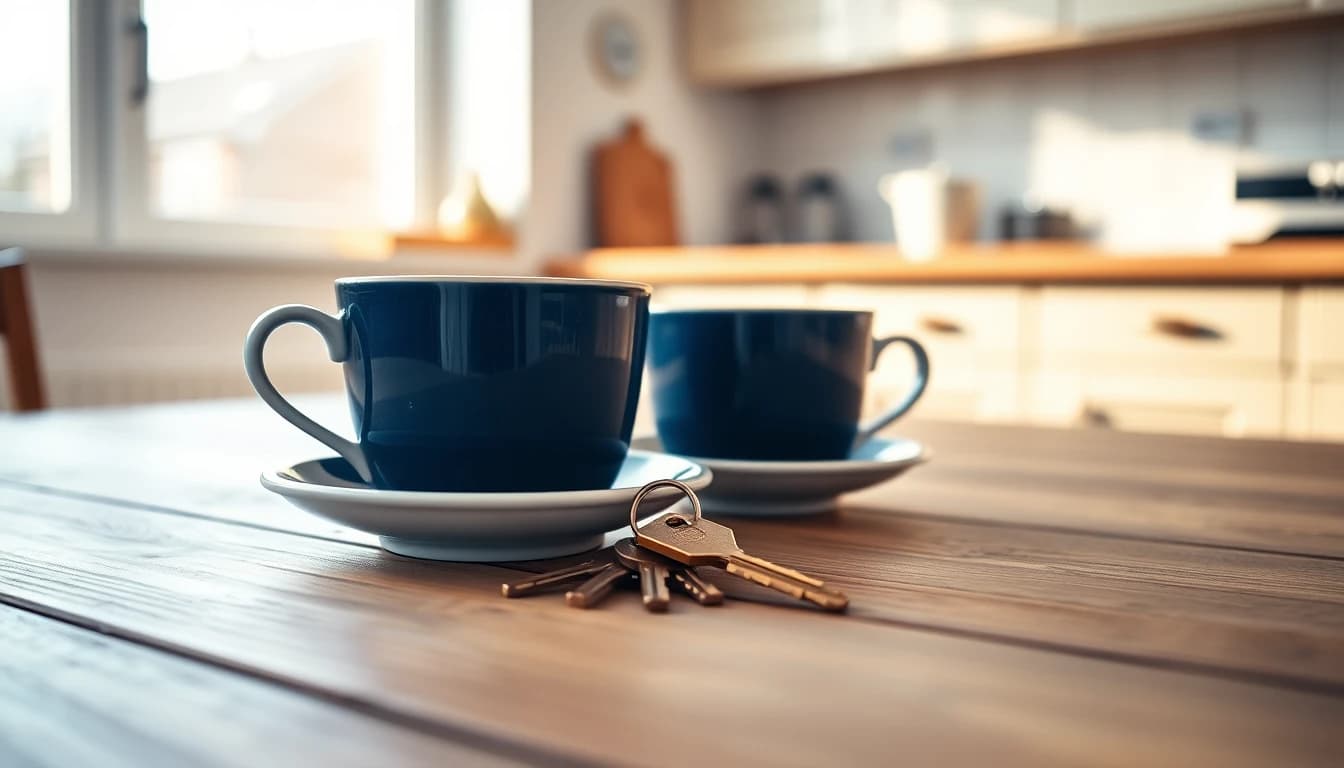 Two teacups and a set of new house keys on a kitchen table, for a guide to Form 3520 and gifts from UK family