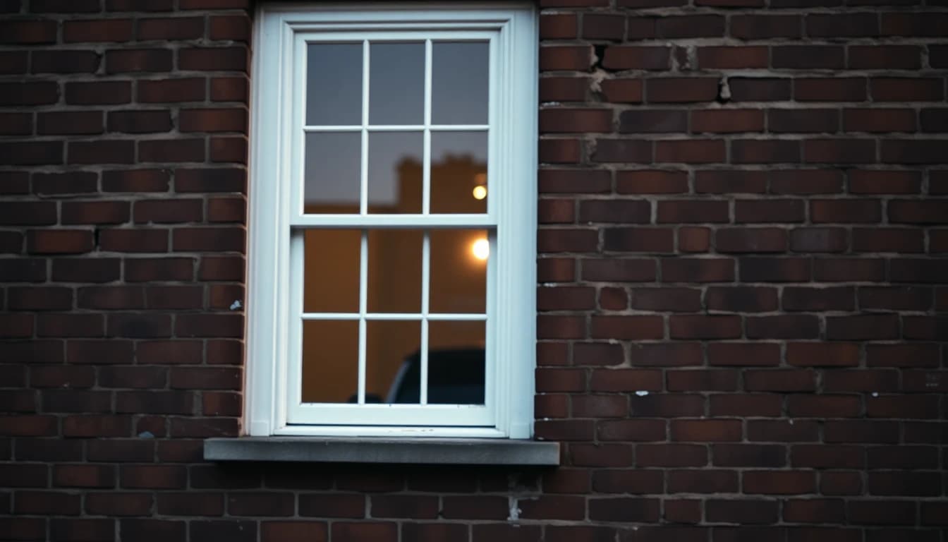 A single white sash window lit from inside, set in an old red brick wall at dusk