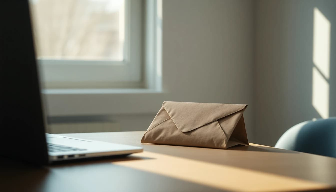 A single brown envelope on a bare desk beside a closed laptop in a small home office