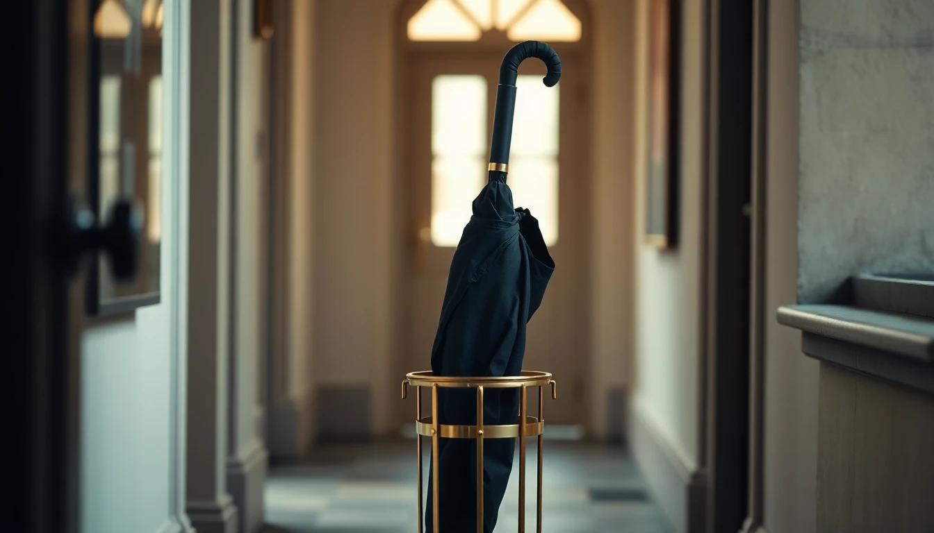 A single black umbrella in a brass stand in an old City of London hallway