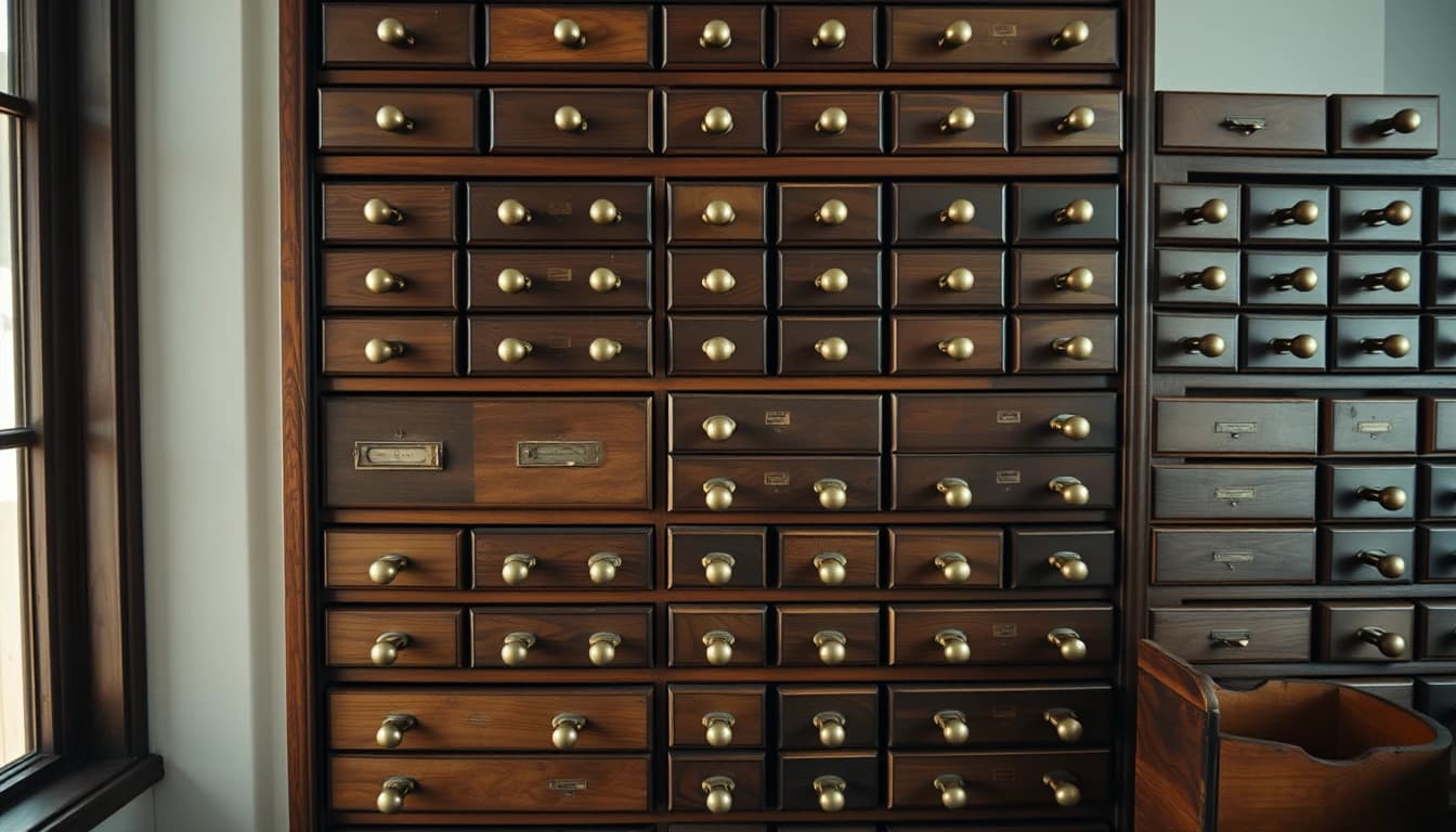 A tall antique cabinet of dozens of identical small blank-fronted drawers, illustrating the one Form 8621 per fund per year that an American holding UK funds must file.