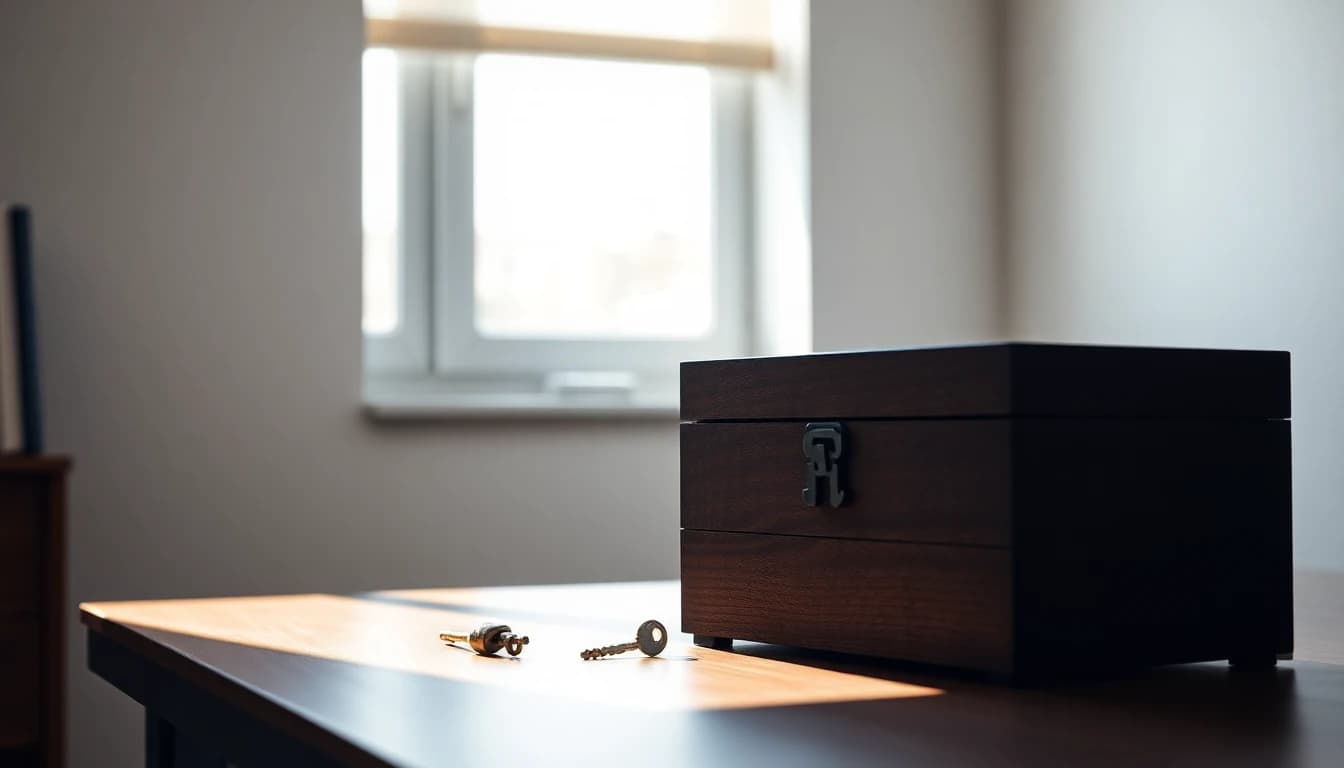 A closed wooden strongbox and two small brass keys on a plain office desk