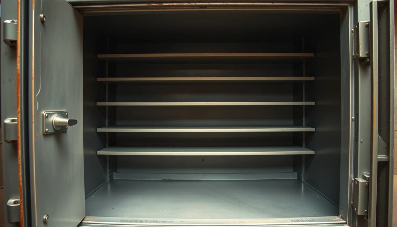 The bare empty shelves inside an open steel office safe, illustrating retained profit in a UK company that GILTI taxes to the American owner before it is ever paid out.