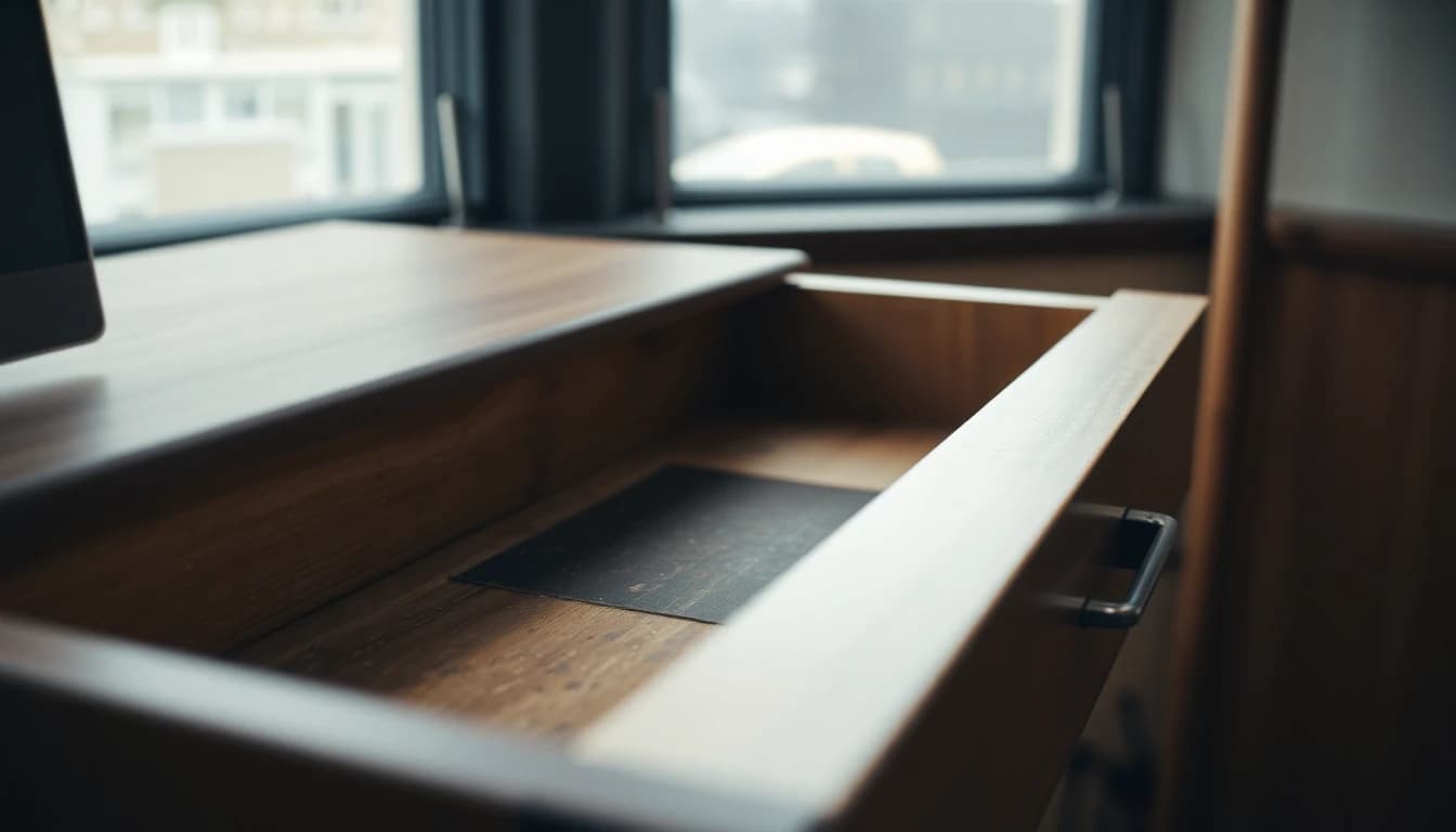 An open wooden desk drawer, empty but for a faded mark where something lay for years