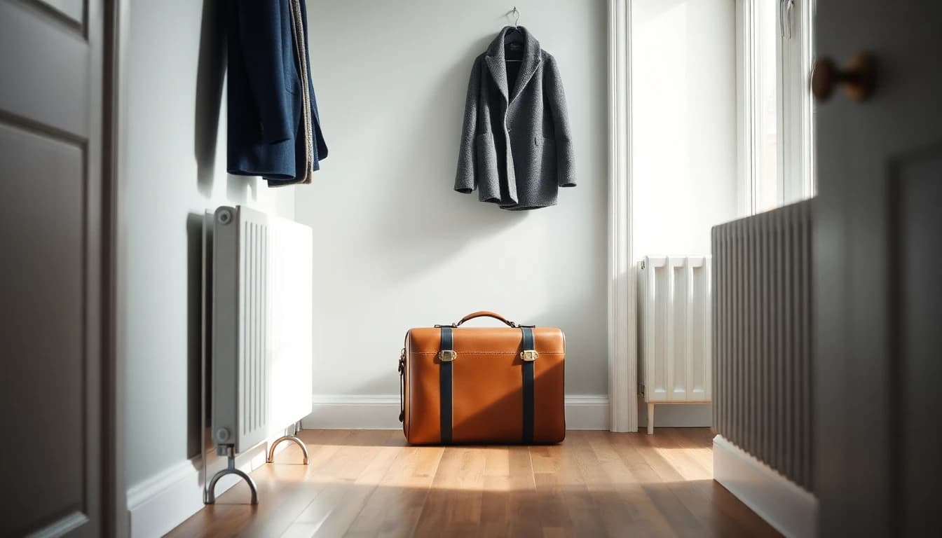 A leather suitcase in a bright British hallway, for a guide to US tax for green card holders living in the UK