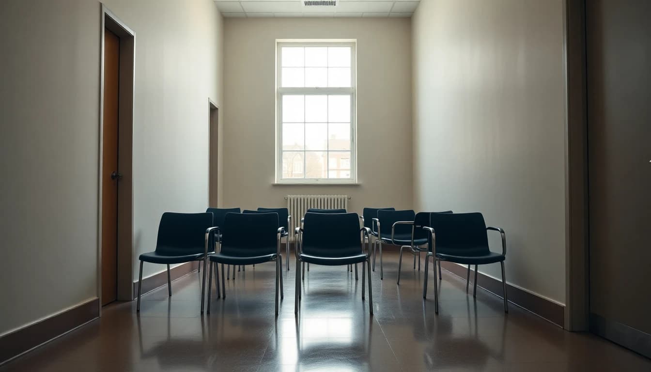 An empty row of waiting room chairs in a quiet British clinic corridor