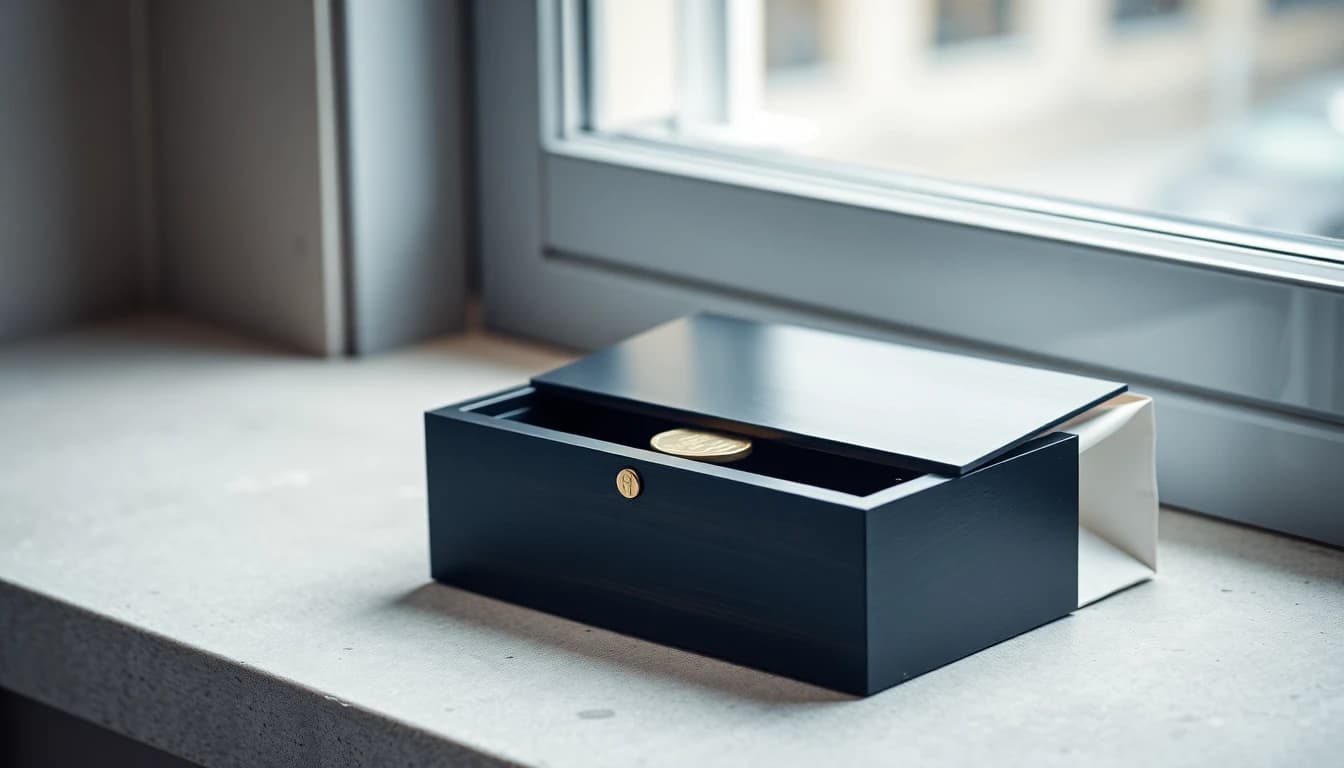 A dark wooden box on a stone windowsill with its lid sliding shut over a single gold coin, illustrating a US health savings account that stays open after a move to Britain but can no longer be paid into.