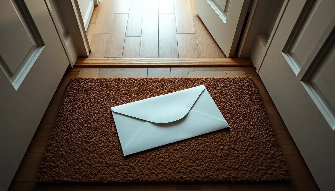 Unopened envelope lying flat on a coir doormat inside a front door
