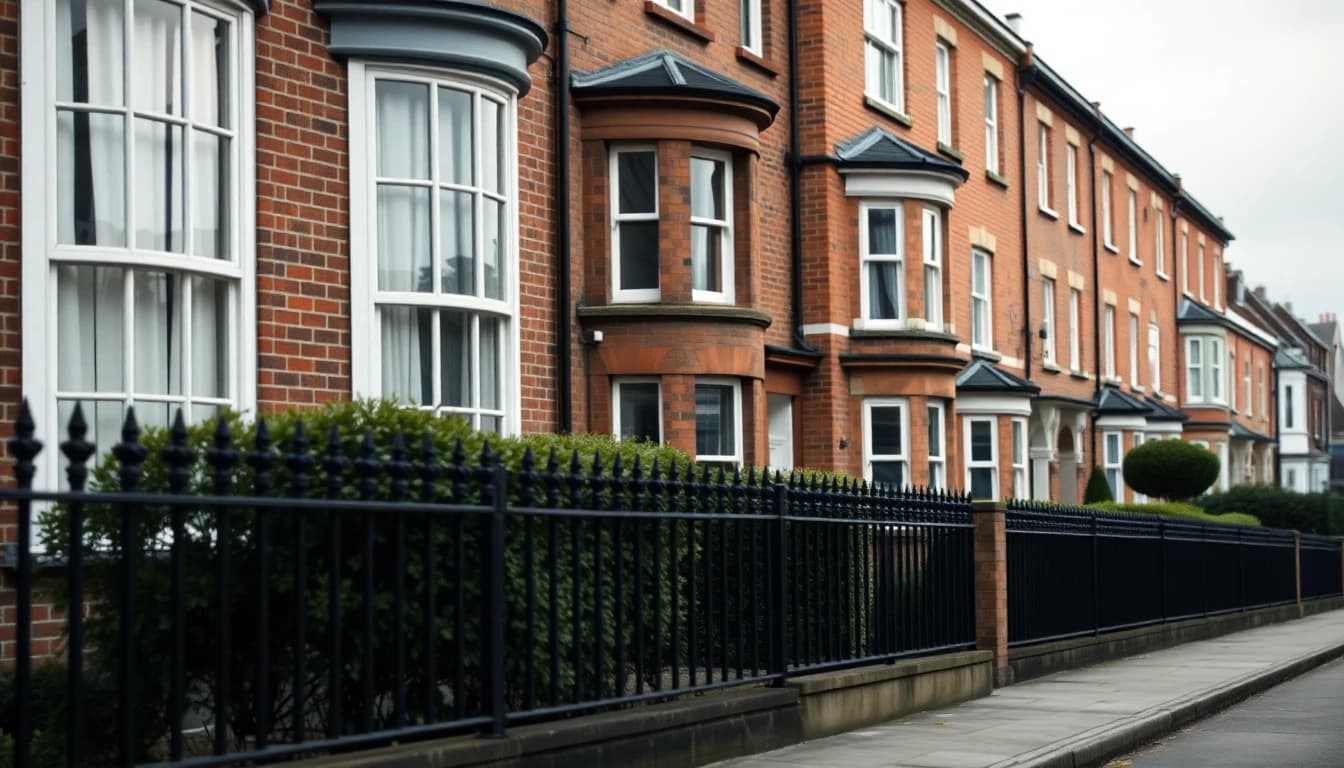 Bay windows and iron railings along a row of Victorian terraced houses