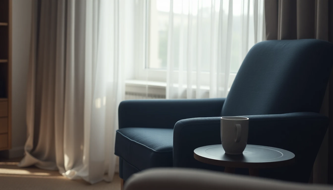 An empty armchair beside a side table holding an untouched cup of tea