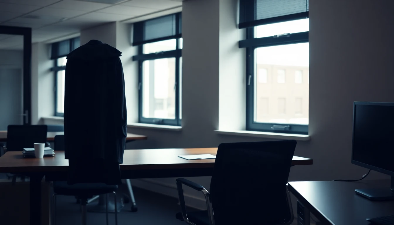 A coat over the back of a chair at an empty hot desk in a shared office